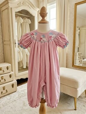 Southern Tots | Size 2T Pink Corduroy Reindeer Smocked Bubble